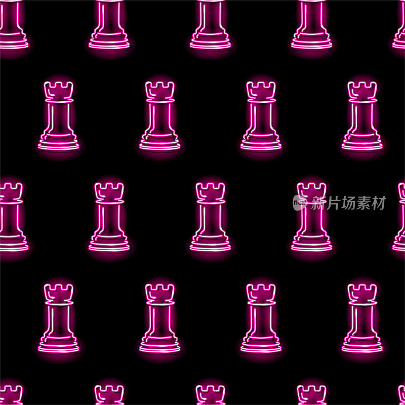 无缝模式与霓虹灯图标的国际象棋车或城堡的黑色背景。战略，游戏，竞争，权力概念。向量10 EPS插图。